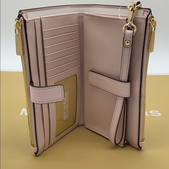 MICHAEL KORS LARGE DOUBLE ZIP WRISTLET POWDER BLUSH MULTI/ BROWN SIGNATURE - Picture 8 of 16